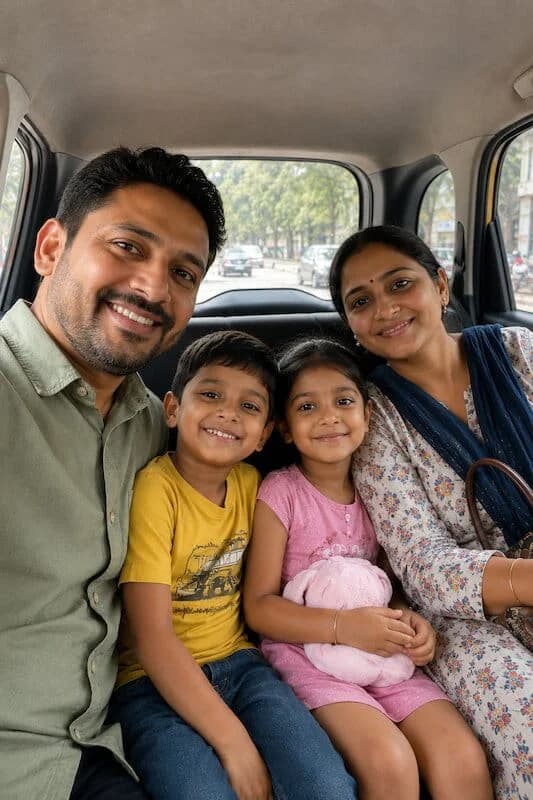 Family travelling comfortably in a taxi